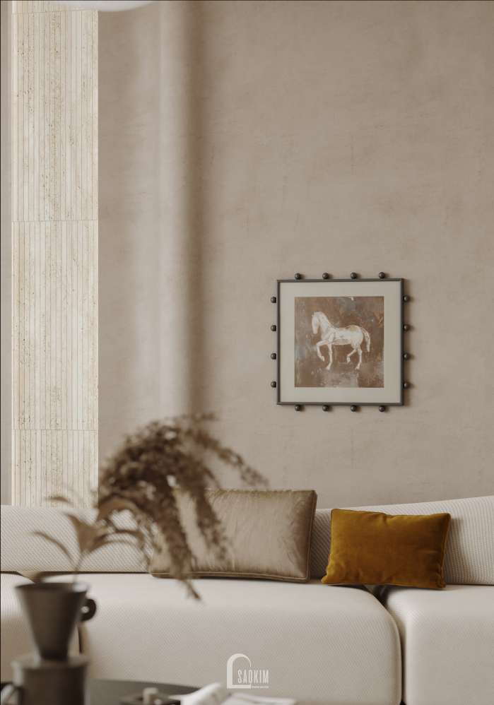 Thiết kế nhà phố Long Biên – phòng khách Wabi Sabi mộc mạc, an yên.
